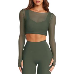 LASLULU Mesh Long Sleeve Crop Tops for Women Double Lined Workout Athletic Gym Shirts Cropped Tops with Built in Bra (Green, L)