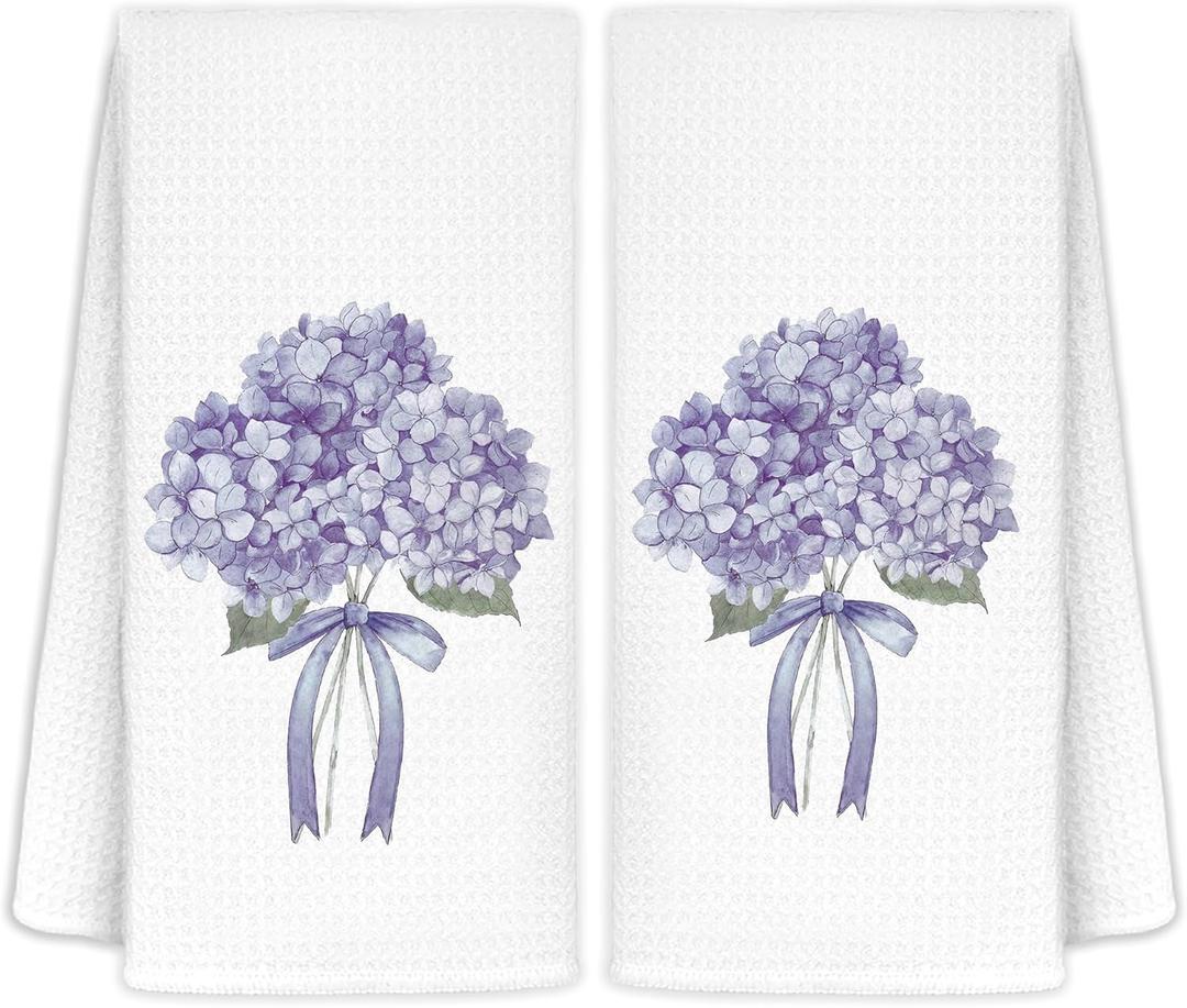 CIOJUNE Coquette Purple Hydrangea Floral Hand Towels for Bathroom Spa Gym, Preppy Aesthetic Floral Kitchen Towels, Rustic Hydrangea Flower Dish Tea Towels for Kitchen Decor, 16x24 Inch Set of 2