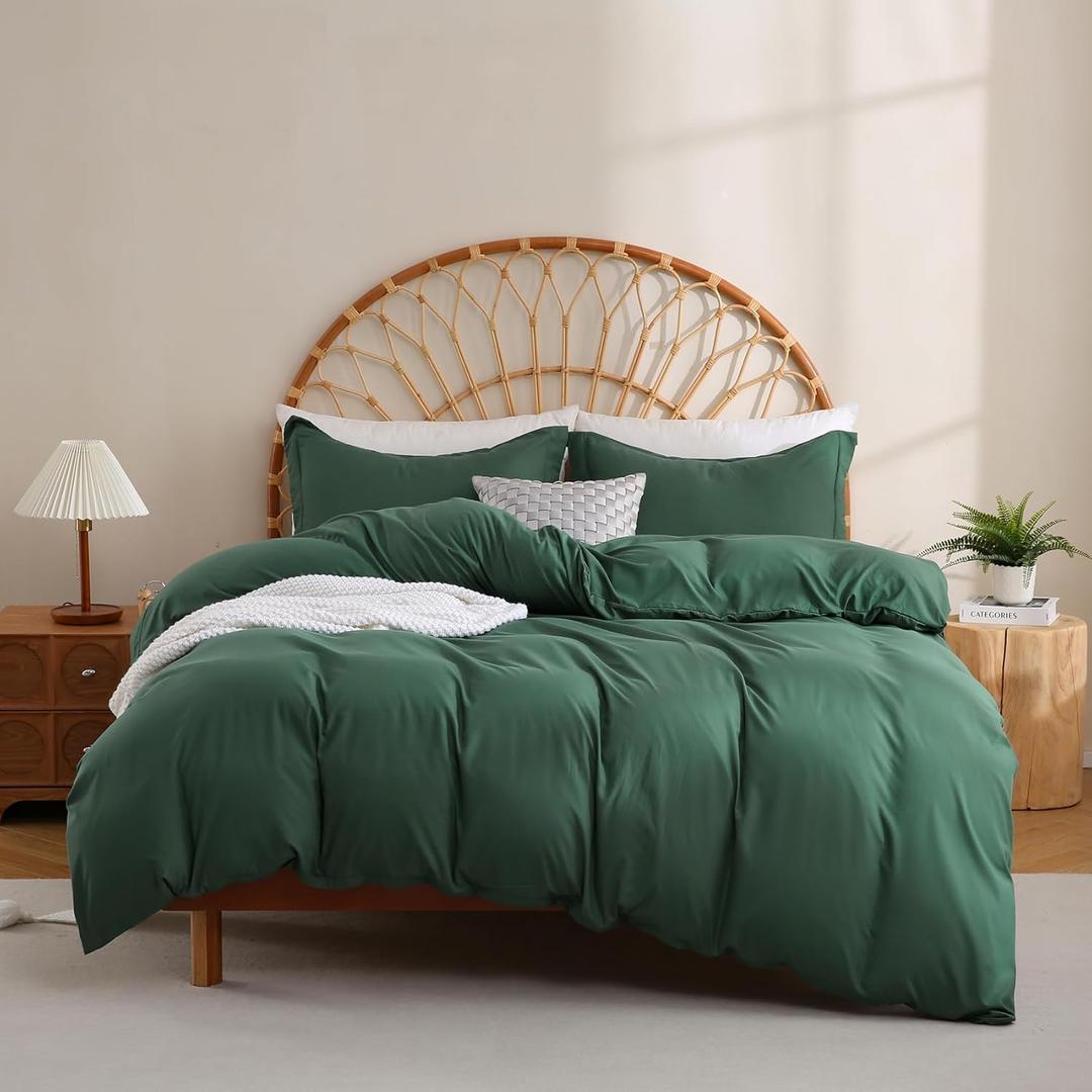 JSD Hunter Green Duvet Cover Set Queen Size, 3 Piece Duvet Cover with Pillow Shams, Soft Brushed Microfiber Zipper Closure, Comforter Not Included