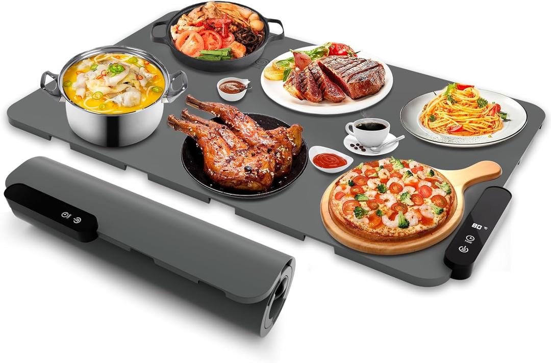 HASDSAGY Electric Warming Tray, Rollable Food Warming Mat with 5 Temperature 6 Timer Setting Fast Heating Food Warmer Electric Warming Hot Plates Trays for Parties, Buffets Party, Travel (Gray)