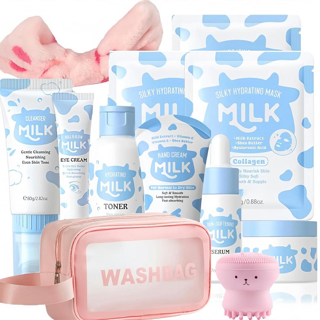 Milk Skin care Set for Kids & Teens, 12 IN 1 Moisturizing & Gentle Milk Skincare for Girls 10-12, Skin Care Set For Kids Girl Ages 8-12 Birthday Gifts, Face Care Kit, Mothers Day Gift, Teacher Gift