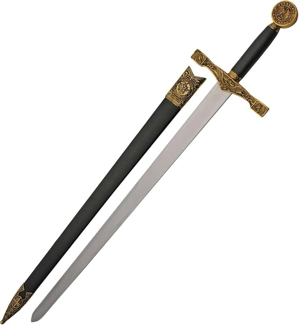 SZCO 33" Excalibur Medieval Sword King Arthur Replica Cosplay Sword with Stainless Steel Mirror-Finish Blade, with Gold Guard & Scabbard for Display, Costume, Decor & Collectors