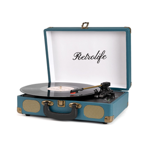 Vinyl Record Player 3-Speed Bluetooth Suitcase Portable Belt-Driven Record Player with Built-in Speakers RCA Line Out AUX in Headphone Jack Vintage Turntable Coral Blue