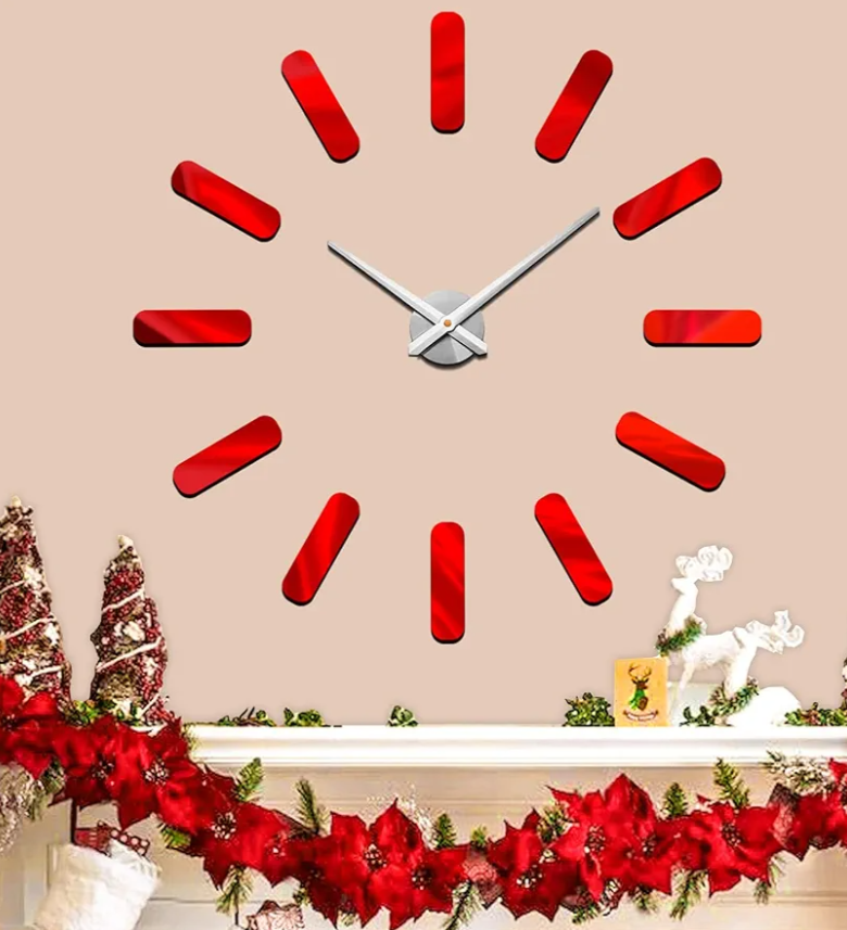 VANGOLD Frameless Wall Clock, 3D Modern Trend Wall Clocks for Living Room Decor, DIY Large Wall Clock Easy to Install Silent and Size Adjustable, Suitable for Kitchen, Farmhouse, Bedroom (Red