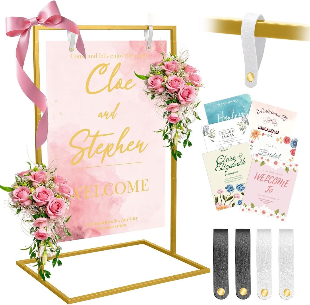 AZEAM Wedding Welcome Sign Stand with 4 Leather Straps for Hanging, 50"x30"x20" Metal Gold Wedding Easel Stand for Welcome Sign, Seating Chart Holder for Outside Baby Shower Party Restaurant Poster