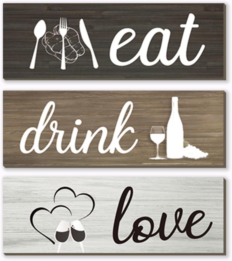 3 Pcs Farmhouse Kitchen Wall Decor Rustic Dining Room Decor Rustic Wooden Kitchen Signs Eat Drink Love Wall Decorations with Hanging Hook for Home Dining Room Wall Decor, 12X4 Inch