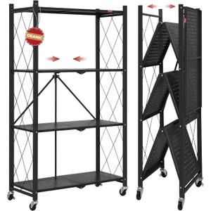 DEANIC 4 Tier Foldable Storage Shelves with Wheels, Large Capacity Shelving Unit, Freestanding Metal Wire Shelf Rack, No Assembly Organizer Rack for Garage Kitchen, Basement, Pantry(Black)