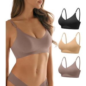 DEANGELMON V Neck Bra Padded Seamless Adjustable Straps Bralettes Everyday Basic Sleeping Bras Multiple Pack (Black, L)