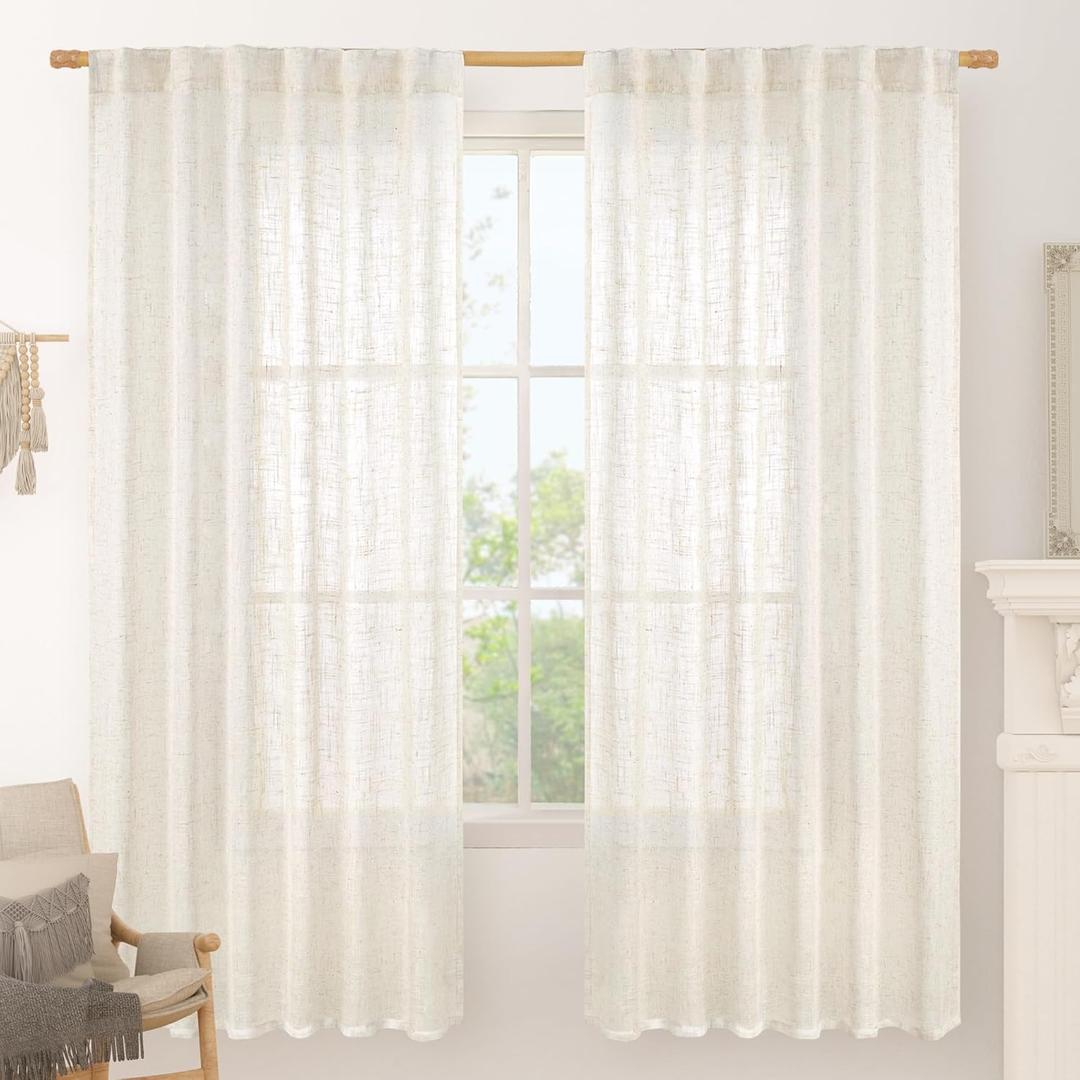 LAMIT 72 inch Length Cream Linen Curtains for Living Room 2 Panels, Linen Textured Light Filtering Semi Sheer Back Tab and Rod Pocket Window Curtain Panels for Bedroom/Farmhouse, 52 x 72 Inch