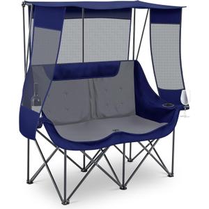 Teenyyou Double Camping Chair with Canopy Shade 660lbs Heavy Duty Beach Chair, Portable Folding 2 Person Camping Loveseat with Cup Holder and Storage Bag for Lawn Beach Outdoor Sport(Blue and Grey)