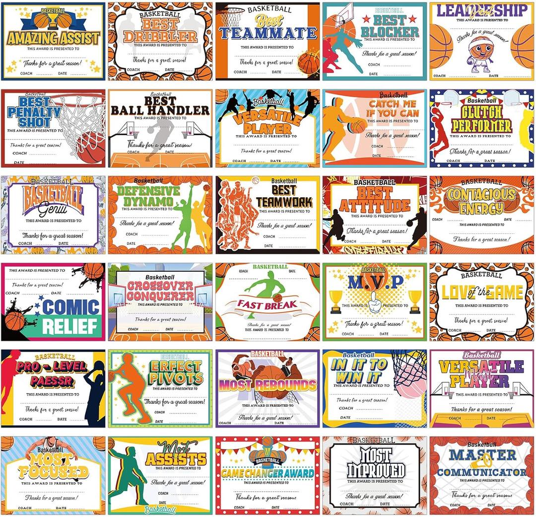 Fuyoooo 60 Pcs Sports Achievement Award Certificates Baseball Football Soccer Softball Basketball Certificates of Achievement for Encouraging Team Gift (Basketball)