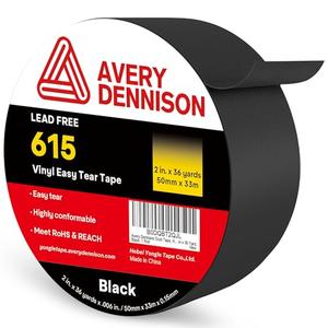 Avery Dennison Duct Tape, Heavy Duty PVC Easy Tear Tape, Strong Adhesive Waterproof Duct Tape for Indoor Outdoor Repairs, 2 in x 36 Yard, Black, 1 Roll