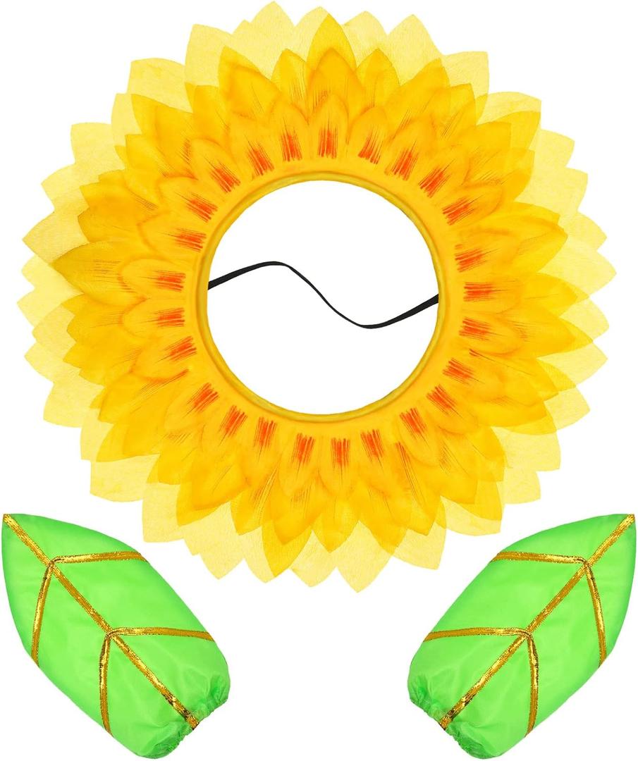 Dingion Funny Sunflower Halloween Costume Yellow Flower Headgear with 2 Pieces Green Gloves for Halloween Sun Cosplay (22.8 Inches)