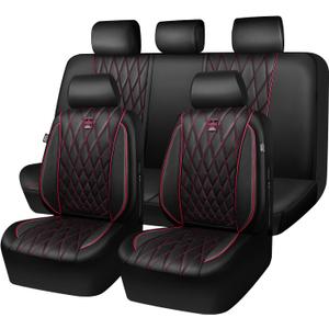 CAR PASS Piping Luxury Leather Seat Covers Full Set,5 Seats Anti-Slip Waterproof Seat Covers Compatible with Front Armrests,Universal Fit for Sendan SUV Van Truck,Airbag Compatible,Black and Red