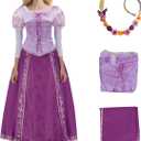 Rapunzel Dress Princess Costume for Women Purple Lepe Cosplay Tops Skirt with Braided Wig Headbands for Halloween (Small)