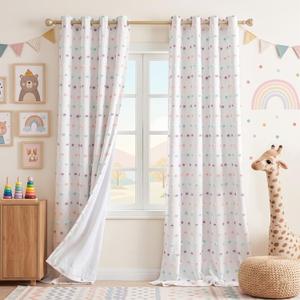 MEETSKY 100% Blackout Curtains for Kids Bedroom 95 Inch Length 2 Panels,Full Light Blocking Curtains for Living Room Grommet Thermal Insulated 2 Layer Drapes with Rainbow Pom Pom Sheer 52" W x 95" L