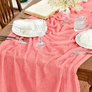 Artoid Mode Boho Cheesecloth Gauze Pink Wedding Table Runner, 120 Inch Seasonal Fabric Kitchen Dining Holiday Table Decor for Home Party Indoor