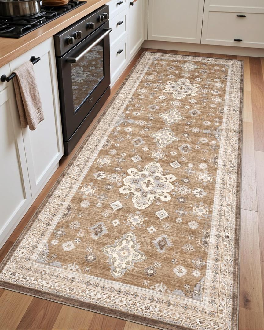 DEXI Kitchen Runner Rug 3x7,Washable Hallway Floor Mat Non Slip Absorbent,Vintage Floral Carpet for Farmhouse Entryway, Laundry Room, Patio Entrance, Light Brown