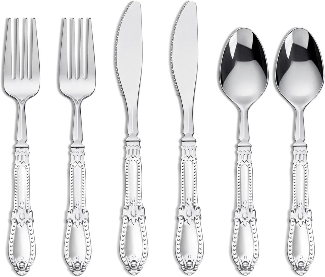 Nervure 300PCS Silver Plastic Silverware - Heavy Duty Disposable Cutlery Set,Luxury Silver Plastic Utensils include 100Pcs Forks, 100Pcs Spoons, 100pcs Knives Perfect for Wedding,Party,Daily Use