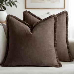 MIULEE Decorative Throw Pillow Covers Neutral Linen Fringe Throw Pillows Set of 2 Reddish Brown Boho Farmhouse Cushion Covers for Couch Sofa Bed Living Room Fall Home Decor 16x16 Inch