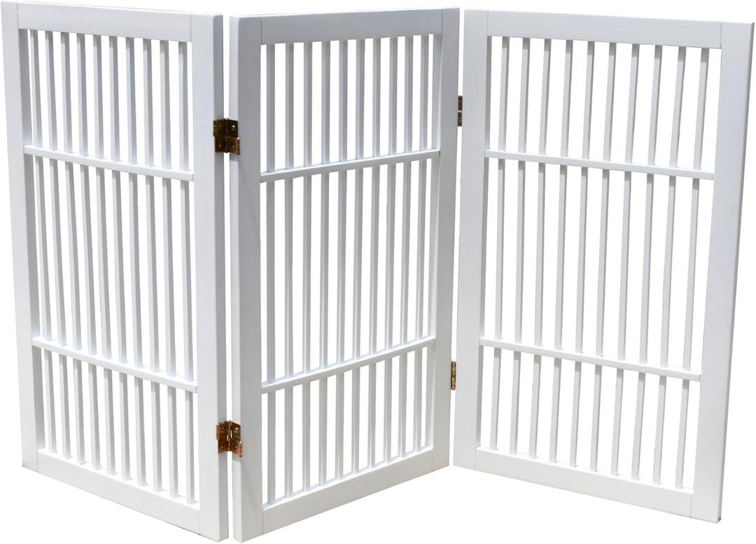 Urnporium Pet Dog Gate Freestanding, Strong Durable Folding Wooden Fence, Portable Acacia Hardwood Safety Barrier for Indoor & Outdoor Use (White Pet Gate, 3 Panel 30" Tall)