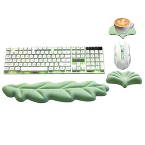 Ergonomic Keyboard Wrist Rest, Leaf Shape PU Leather Memory Foam Wrist Support for Computer Keyboard, Keyboard Pad and Cute Mouse Wrist Pad for Gaming,Office,Computer,Typing Pain Relief, Pastel Green