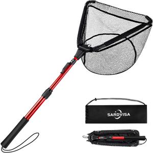 Upgraded Foldable Floating Fishing Net, Tangle-Free Coated Landing Net Extends from 27-35" with Telescoping Pole Handle, Fishing Gear for Ranger Boat, Kayak & Trout Salmon Bass Fishing, Gifts for Men, Standard
