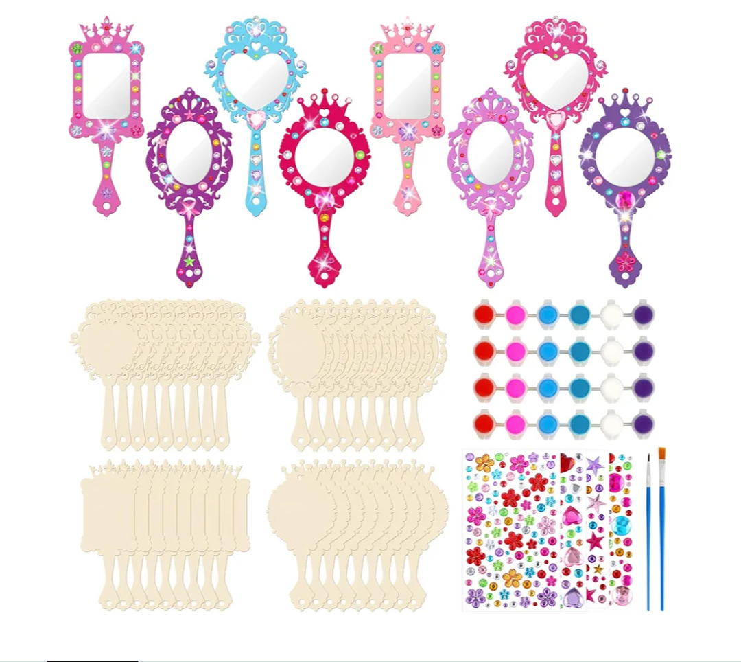 Juexica 36 Sets Wooden Mirror Craft for Girls Kid DIY Decorate Your Own Princess Mirror Unbreakable Paint Hand for Princess Tea Party Gift for Back to School Christmas Birthday Art Activities Favors