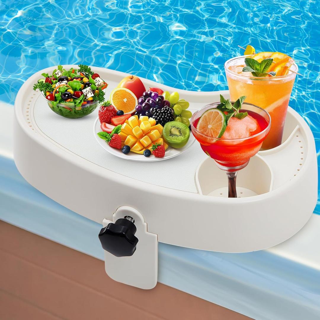 Geelin 1 Pc Hot Tub Table Tray, Adjustable Aboveground Bathtub Tray with 2 Cup Holder, Between 2'' to 7.5'' Nonslip Hot Tub Accessories Shelf Drinks Snacks Phone Holder for Spa Bathtub (Ivory White)