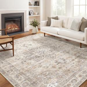 Area Rug for Living Room - 10X12 Soft Washable Vintage Floral Distressed Large Carpet - Fade Stain Resistant Non Slip Rugs for Bedroom Dining Room Nursery Dorm Office Home Decor - Camel