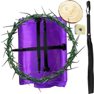 Crown of Thorns Set, 8 Pcs Religious Props Includes Thorn Crown, 3Pcs Crucifixion Nails, Whip, Dice, Purple Cloth & Wooden Piece for Good Friday Decor, Church Play, Easter Pageant,Christian Keepsake