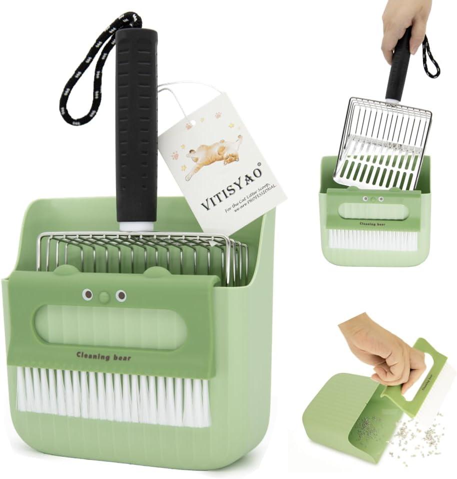 Stainless Steel Cat Litter Scoop with Holder, Cat Litter Scoop Kit, Kitten Poop Lifter- Portable Dustpan- Cleaning Brush, Dual-Width Hole for Quick Cleaning