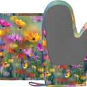 Retro Colorful Flowers Oven Mitts and Pot Holders Sets Boho Floral Non-Slip Silicone Surface for BBQ Gloves,Kitchen,Cooking,Baking,Grilling