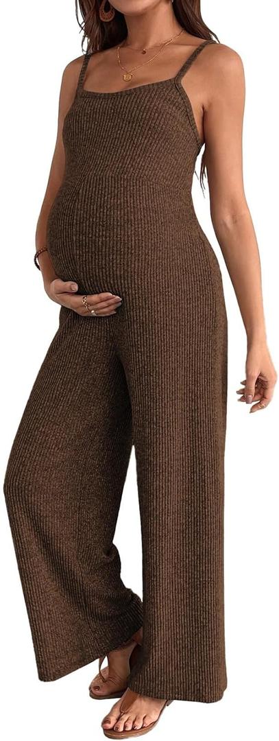 BLENCOT Maternity Ribbed Jumpsuit Sleeveless Square Neck Wide Leg Stretchy One Piece Romper (Brown, S)