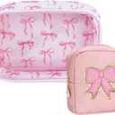 ACRNIGHEET Pink Bow Patch Clear Makeup Bag with Cute Emergency Period Bag, Clear Cosmetic Pouch PVC Organizer Purse, Portable Waterproof Toiletry Pouches for Women Travel Storage Valentine's Day Gift