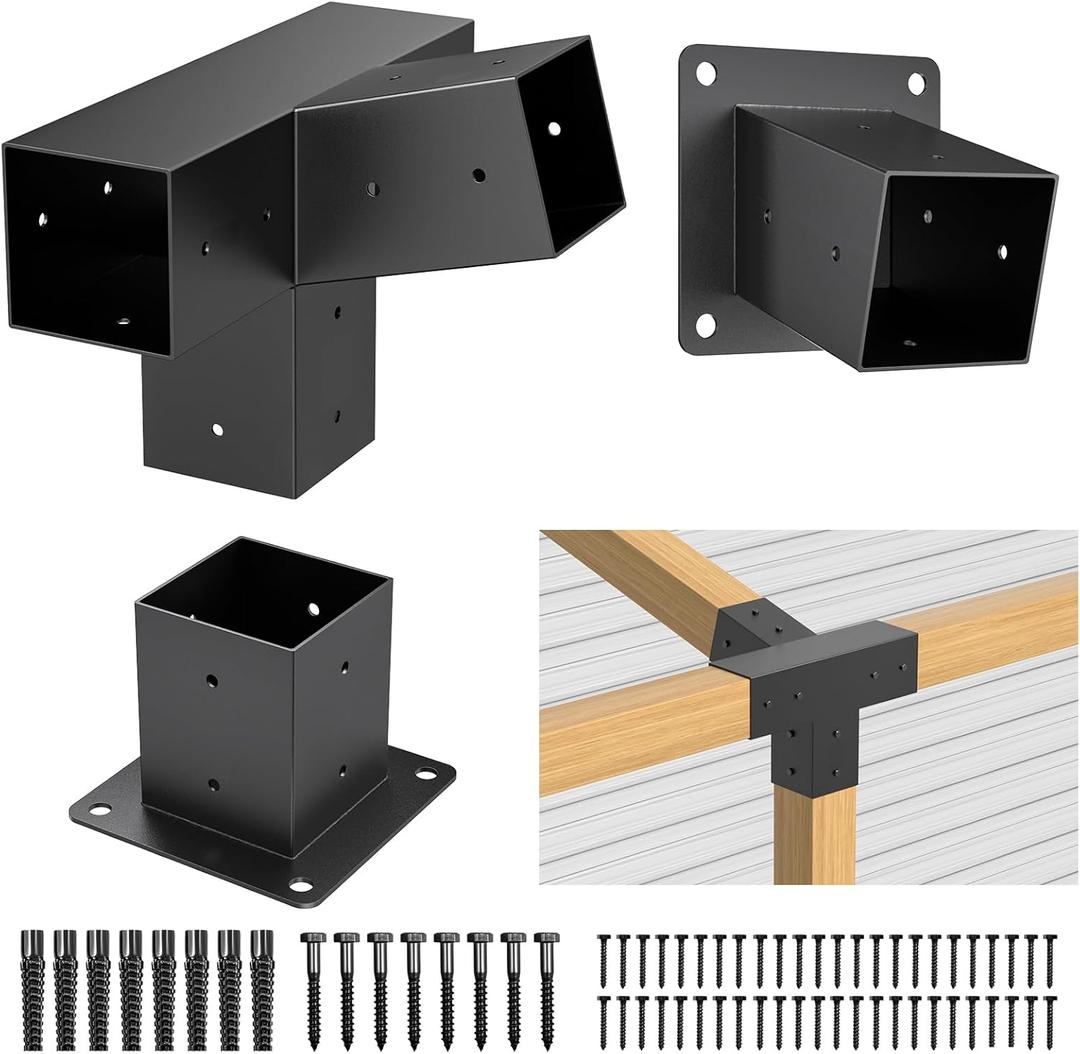 15 3-Way 3pcs Slanted Roof Pergola Bracket Set, Roof Wall Mount Extension Bracket Kit,4" x 4" (Actual: 3.5x3.5 Inch) Powder-Coated Pergola Hardware for Porch,Gazebo, Backyard