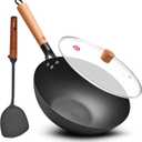 WANGYUANJI 11.8" High Purity Iron Wok Pan,Flat Bottom Stir Fry Pan for Electric,Induction & Gas Stoves,No Chemical Coating Carbon Steel Alternative,Traditional Hand-Hammered Skillet for Cooking