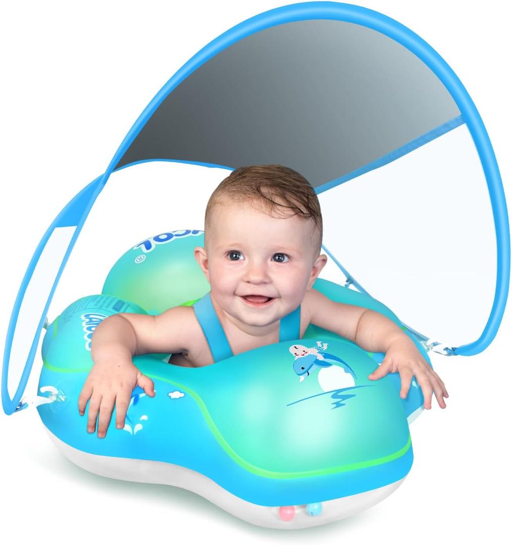 Baby Pool Float No Flip Over, Inflatable Baby Float with Sun Protection Canopy, Baby Swimming Float, Baby Swim Float with Double Air Chambers, Add Tail for Age of 3-36 Months (Small, Blue)