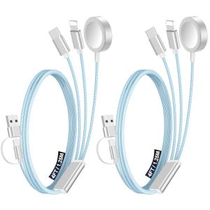 2 Pack Multi Charging Cable Cord for Travel Essentials,Apple Watch Charger,iPhone Charger,[3-in-2] Type C/L Cable Portable Designed for iWatch,iPhone 17-8,Galaxy S25-21,AirPods,iPad-4FT Blue