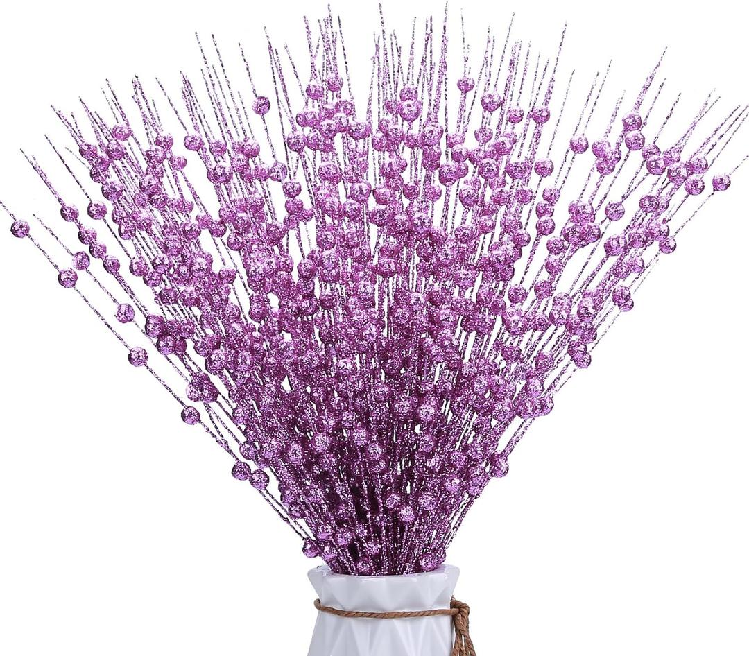 12 PCS Glittery Berry Stems, Purple Christmas Ornaments Sparkling Christmas Tree Picks Artificial Berries Stems, Xmas Branches for New Year's Eve Decorations Wreath Festive Ornaments