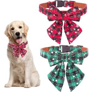ADOGGYGO 2 Pack Christmas Dog Collar with Bow Tie, Classic Plaid Red Green Dog Collars with Removable Bowtie Christmas Collars for Extra Large Dogs Pets (X-Large)