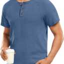 XUZHU Men's Summer Polo Shirts Short Sleeve Cotton Casual Henley T-Shirts Button Raglan Sleeve Tees (Blue, XL)
