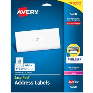 Avery Easy Peel Printable Address Labels with Sure Feed, 1" x 2-5/8" Customizable Stickers, White, 750 Blank Mailing Labels, Great for Mailing, Shipping, and More (5260)