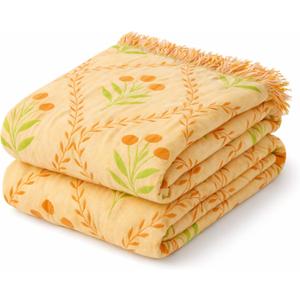 100% Cotton Boho Throw Blanket for Home Decor – Classic Farmhouse Quilt Bedding, Muslin Blankets for Adults, Vintage Woven Decorative Blanket for Couch, Bed Layering Use, Vintage Floral, 104"x90"