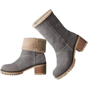 VIMISAOI Winter Boots for Women, Comfortable Slip On Mid Chunky Heel Suede Warm Snow Ankle Boots Outdoor Shoes (8, Grey)