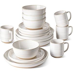 LE TAUCI Dinnerware Sets 16 PCS, Stoneware Plates and Bowls Set, House Warming Wedding Present, Serve for 4 (10" Dinner Plates + 8" Salad Dish + 28 oz Cereal Bowl+12oz coffee mugs) x 4, Arctic White