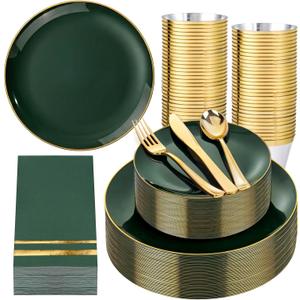 NOCCUR 350PCS Green Plastic Plates - Disposable Green Gold Dinnerware Set for 50 Guests, 100 Dinner/Dessert Plates, 150 Gold Silverware, 50 Cups&50 Napkins for Party Wedding Spring