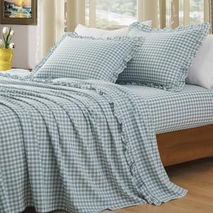 KKJIAF 4 Pieces Plaid Ruffle Full Size Bed Sheets, Cotton Gingham Full Size Sheet Set Linen Feel Comfy Breathable Ruffed Bed Sheet Set with 16 Inch Deep Pocket, Dusty Blue KKJIAF 4 Pieces Plaid Ruffle Full Size Bed Sheets, Cotton Gingham Full Size Sheet Set Linen Feel Comfy Breathable Ruffed Bed Sheet Set with 16 Inch Deep Pocket, Dusty Blue
