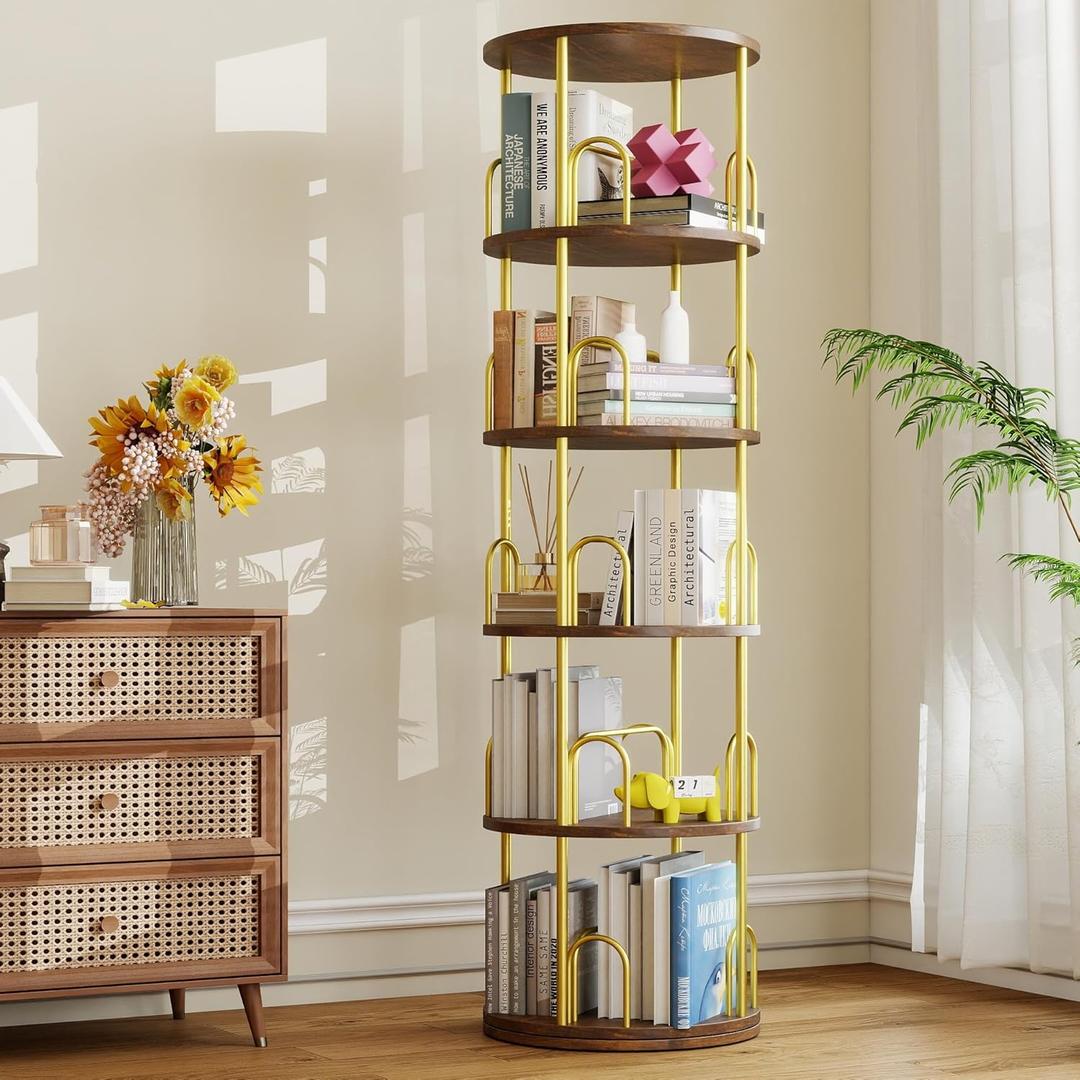 5-Tier Rotating Bookshelf, 360 Round Spinning Book Shelf Tower, Tall Skinny Wood & Metal Bookshelf for Corner/Office/Home, Modern Industrial Vintage Style (Gold)