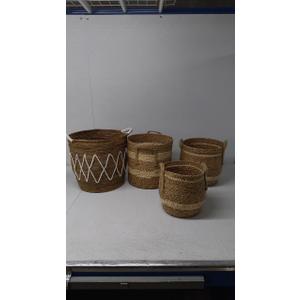 Set of 4 Striped Woven Seagrass Round Baskets (16x14.5,  13x13, 12x11, 11x9,5)